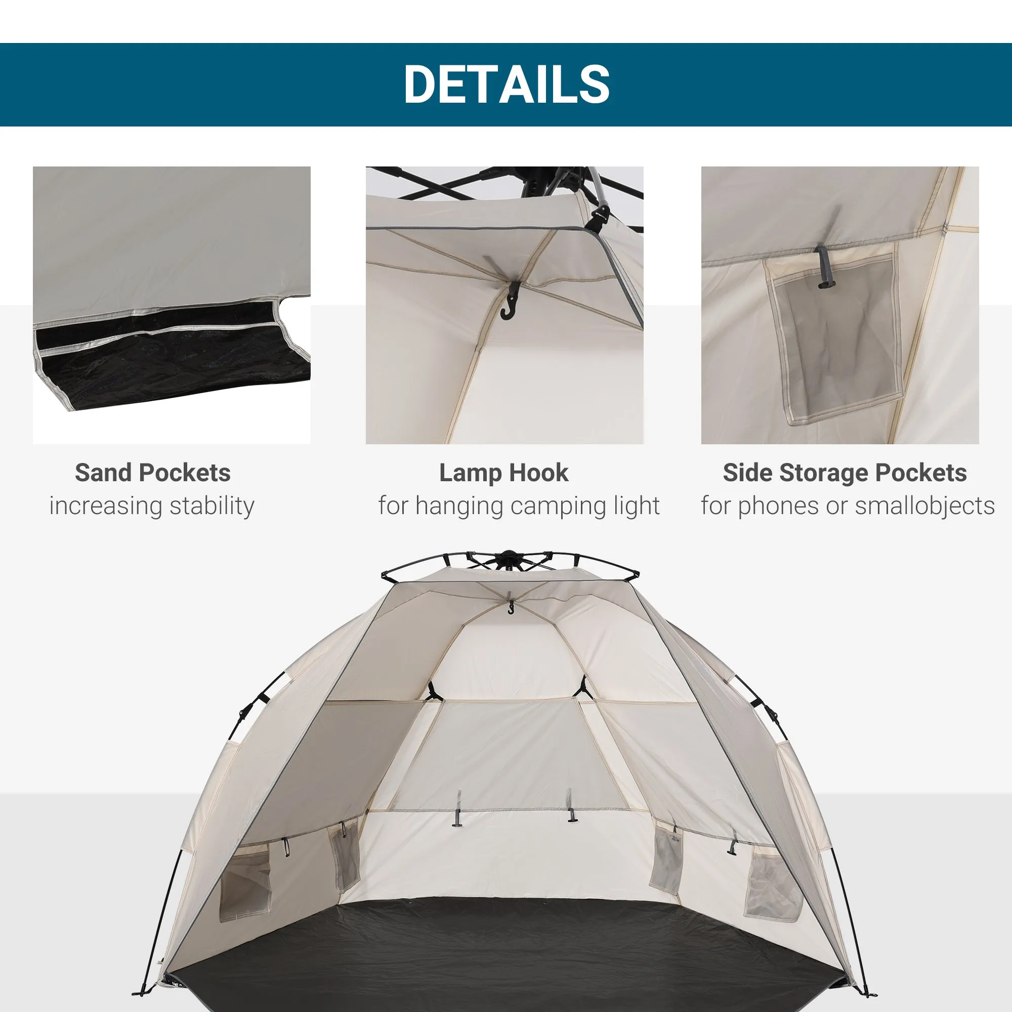 1-2 Man Pop-Up Beach Tent, Sun Shelter UV 20  Protection w/ Long Floor Mesh Windows Sandbags Carry Bag Summer Hut House