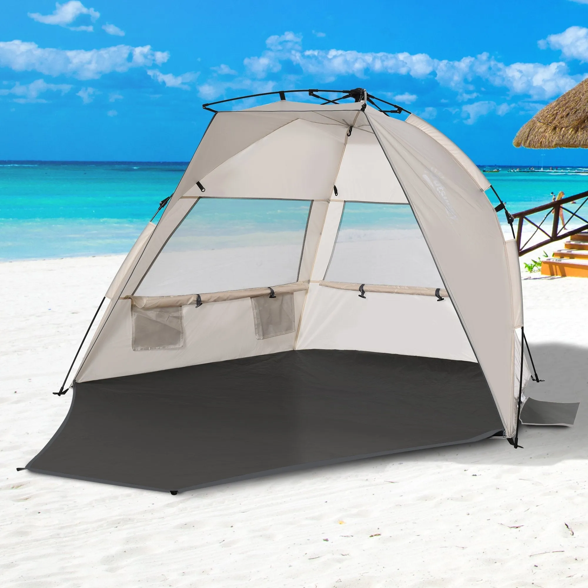 1-2 Man Pop-Up Beach Tent, Sun Shelter UV 20  Protection w/ Long Floor Mesh Windows Sandbags Carry Bag Summer Hut House