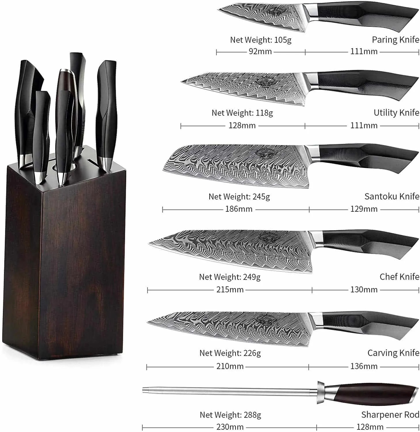 7 Pcs Kitchen Knife Set with Block Wooden and Sharpener Rod
