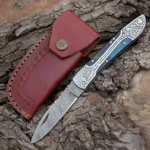 8" Handmade Blue Dollar Sheet Handle Folding Pocket Knife With Engraved Frame Work