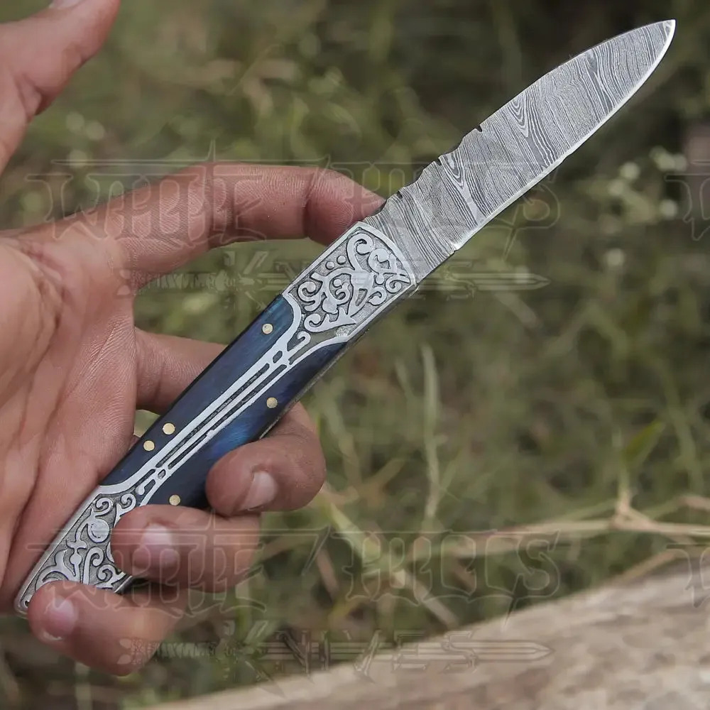 8" Handmade Blue Dollar Sheet Handle Folding Pocket Knife With Engraved Frame Work