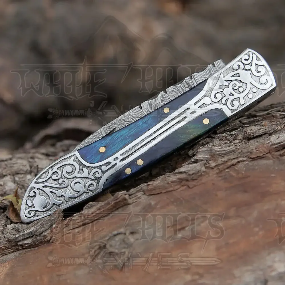 8" Handmade Blue Dollar Sheet Handle Folding Pocket Knife With Engraved Frame Work