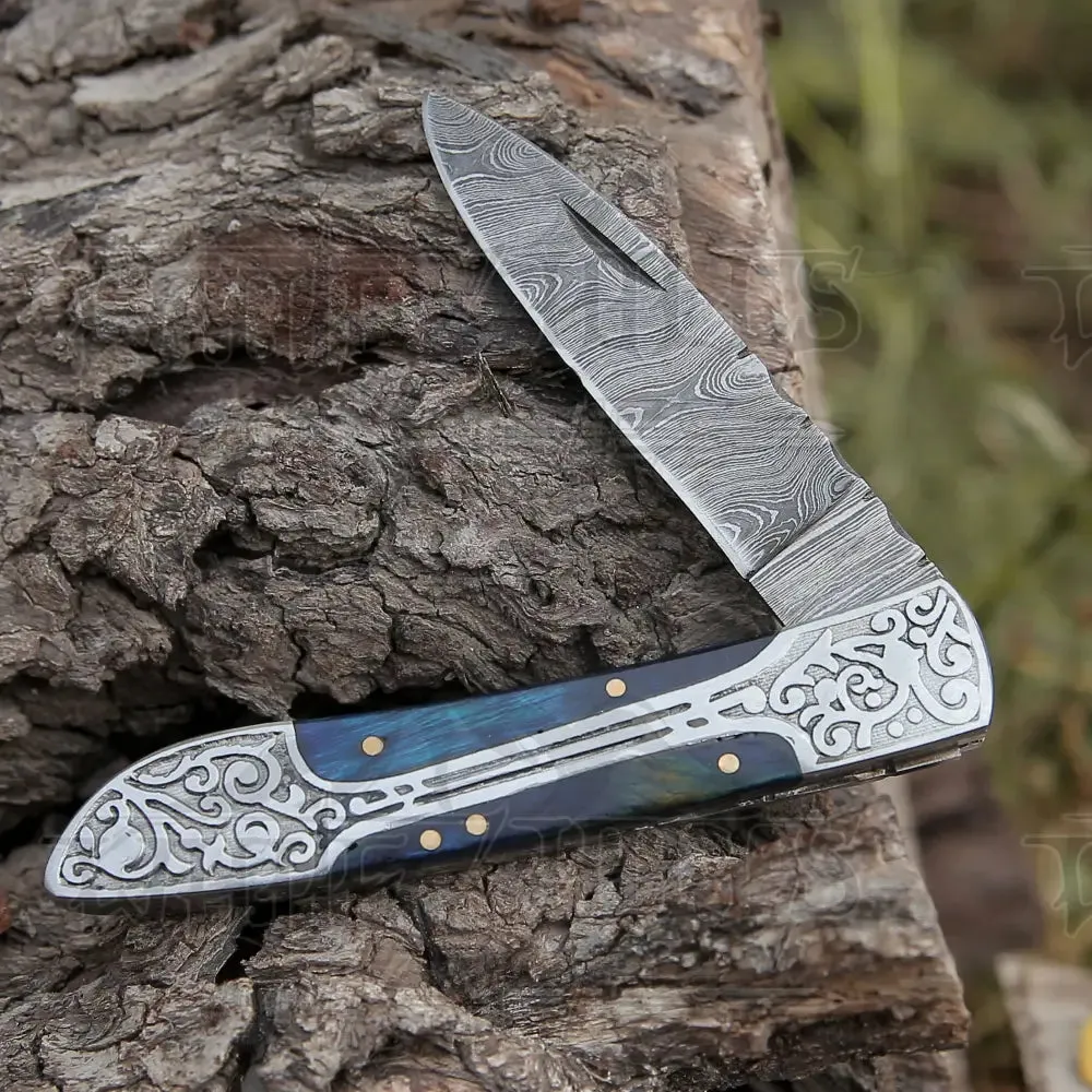 8" Handmade Blue Dollar Sheet Handle Folding Pocket Knife With Engraved Frame Work
