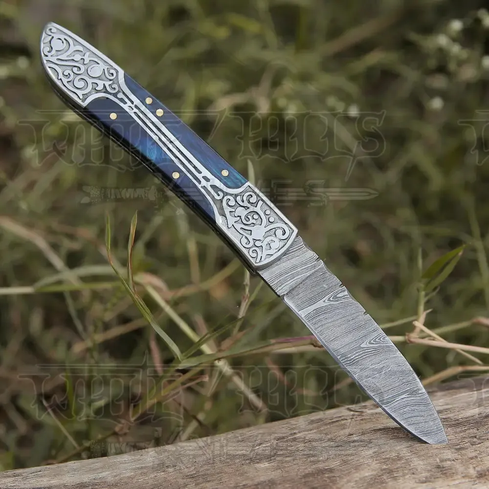 8" Handmade Blue Dollar Sheet Handle Folding Pocket Knife With Engraved Frame Work