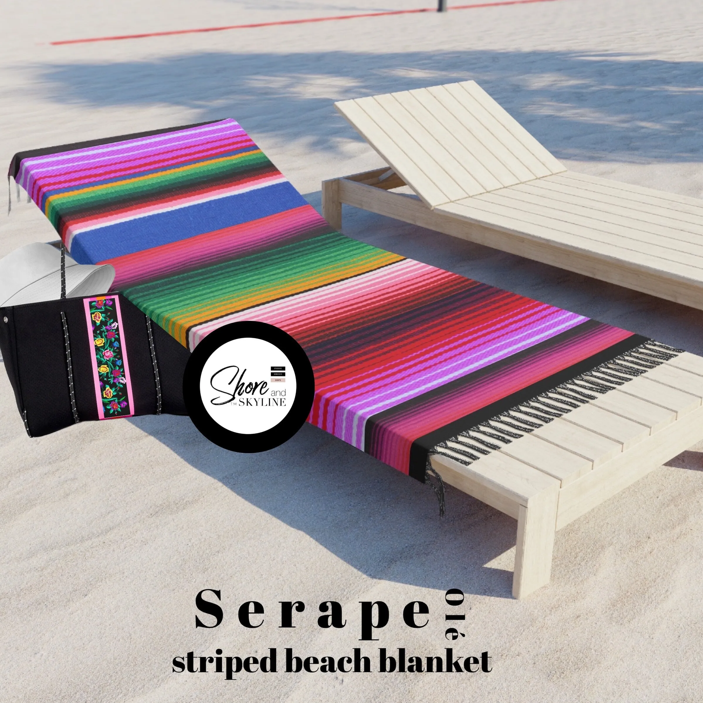 Boho beach blanket fringed wrap pool towel cover-up XL 6.5 ft black   Serape Olé stripes / La Bamba floral bouquet or pearl   cabana stripes