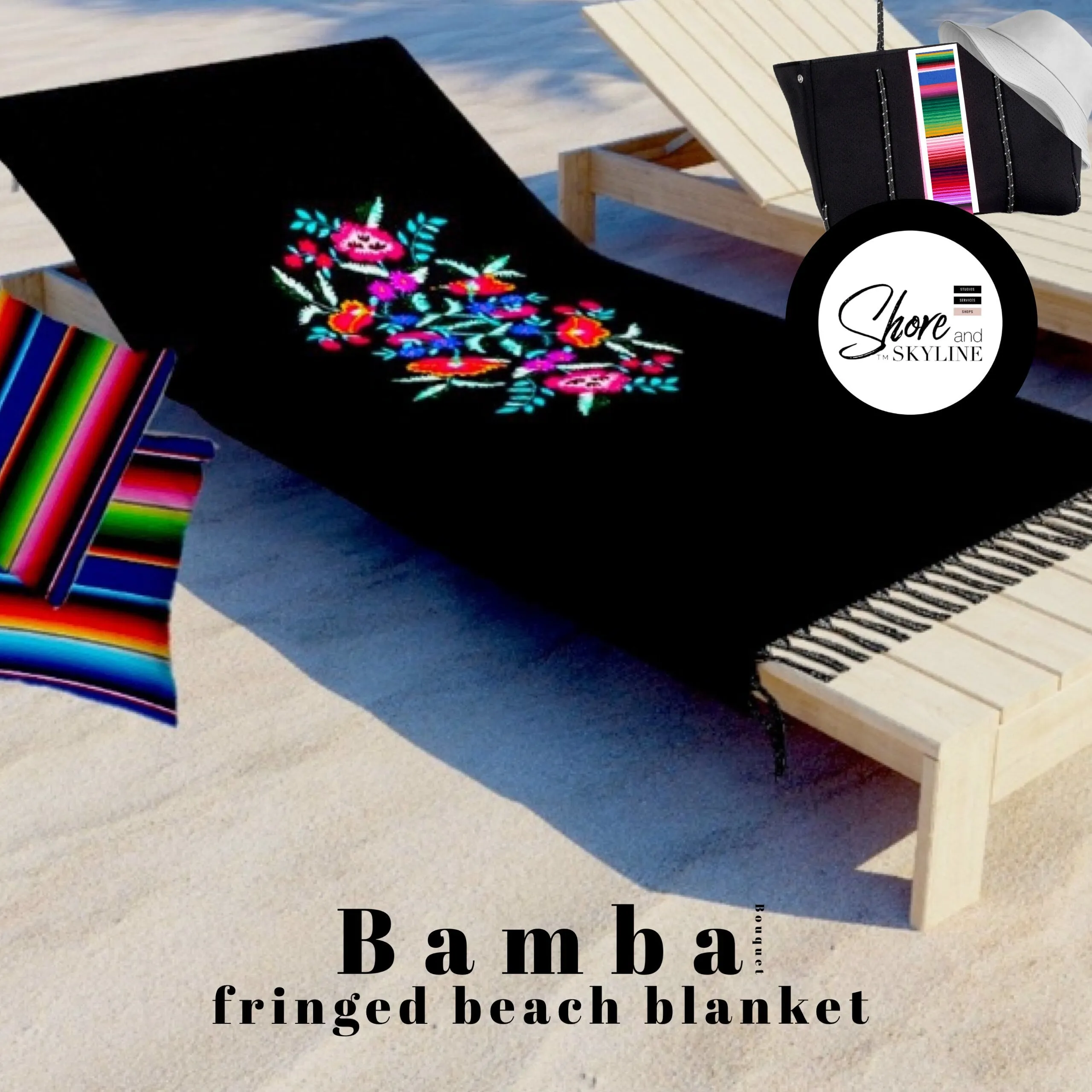 Boho beach blanket fringed wrap pool towel cover-up XL 6.5 ft black   Serape Olé stripes / La Bamba floral bouquet or pearl   cabana stripes