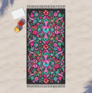 Boho beach blanket fringed wrap pool towel sandfree XL 6.5 ft black Bamba splash / floral or Serape stripes or Pearl solid   cabana stripes