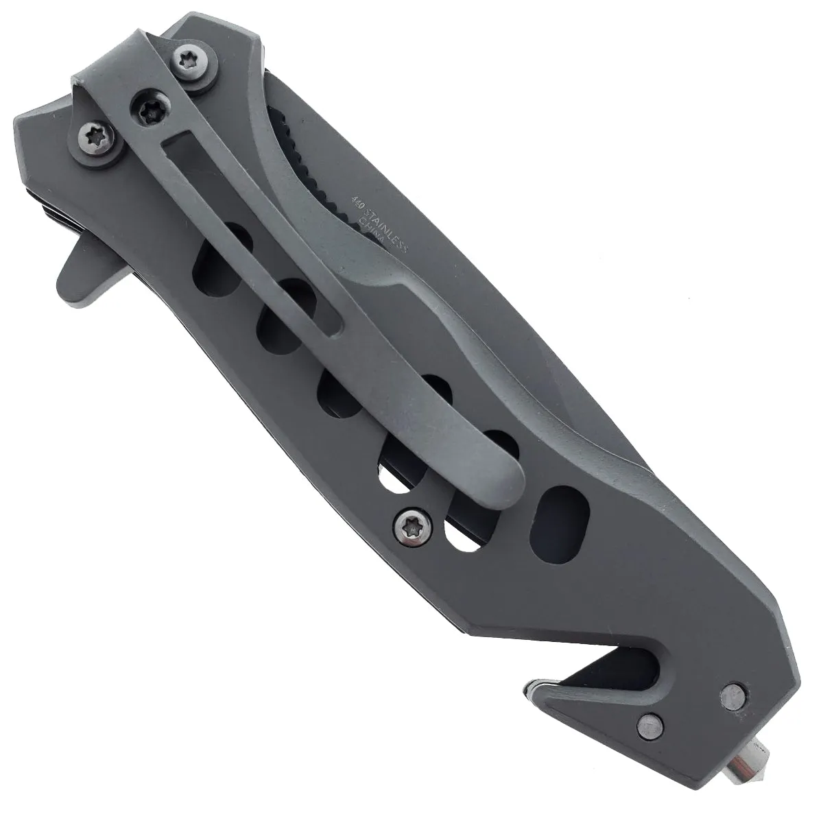 Falcon 6.5" Overall Spring Assisted Knife W/Seat Belt Cutter And Window Breaker Grey