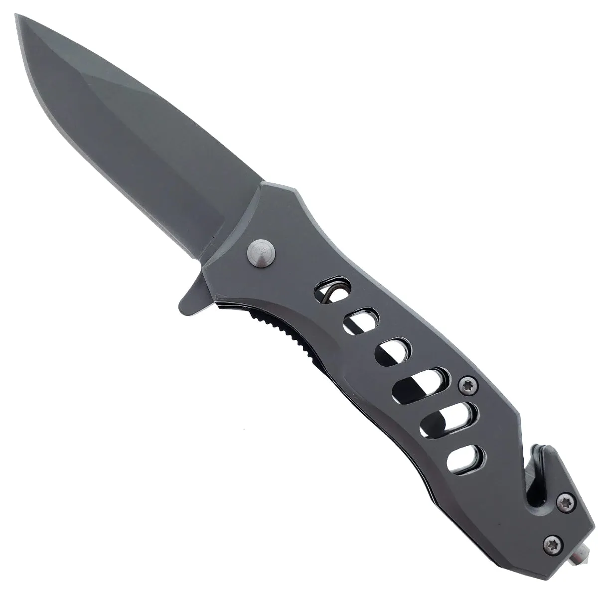 Falcon 6.5" Overall Spring Assisted Knife W/Seat Belt Cutter And Window Breaker Grey