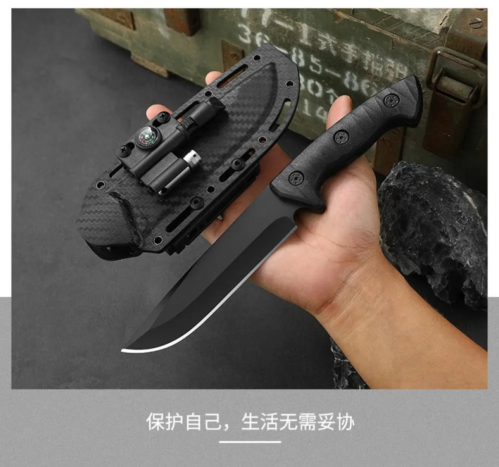 Fixed Blade Knife with Kydex Sheath, Hunting Knife 5Cr13Mov Steel with Fire Starter,Compass, Whistle, LED light, Survival Knife Kit for Men