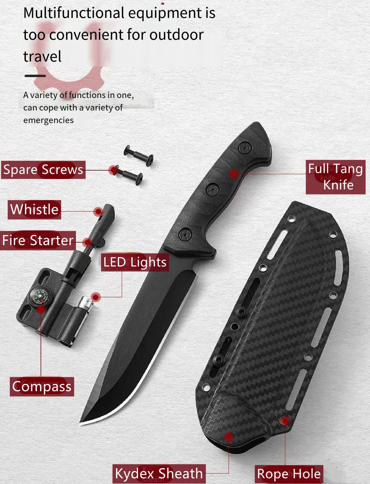 Fixed Blade Knife with Kydex Sheath, Hunting Knife 5Cr13Mov Steel with Fire Starter,Compass, Whistle, LED light, Survival Knife Kit for Men
