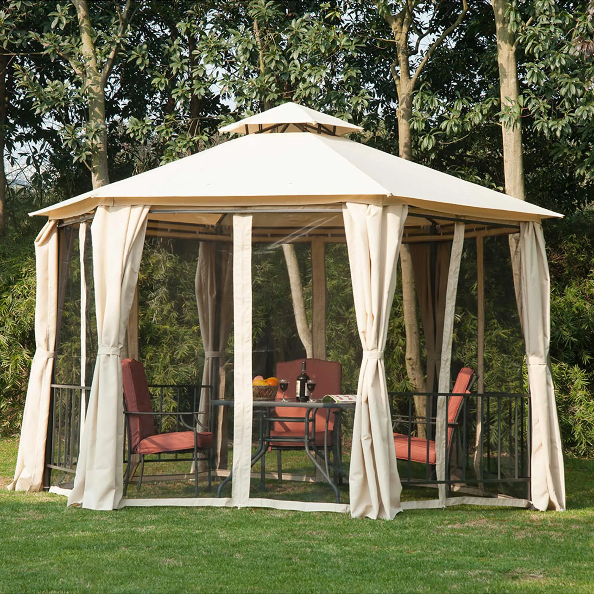 Hexagon Gazebo Patio Canopy Party Tent Outdoor Garden Shelter w/ 2 Tier Roof & Side Panel - Beige