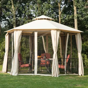 Hexagon Gazebo Patio Canopy Party Tent Outdoor Garden Shelter w/ 2 Tier Roof & Side Panel - Beige