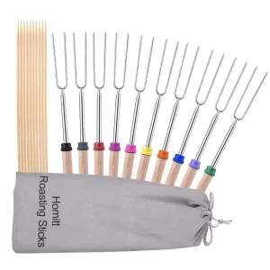 Homitt Marshmallow Roasting Sticks, Set of 10 Barbeque BBQ Skewers, 32-inch Long Extended Smores and Hot Dog Fork with Wooden Handle for Campfire Pit.