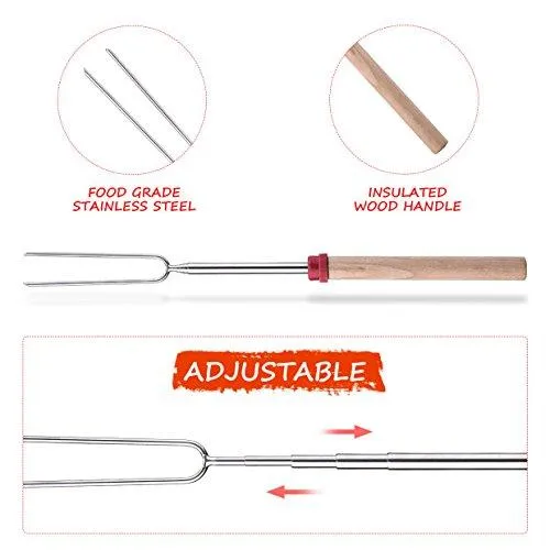 Homitt Marshmallow Roasting Sticks, Set of 10 Barbeque BBQ Skewers, 32-inch Long Extended Smores and Hot Dog Fork with Wooden Handle for Campfire Pit.