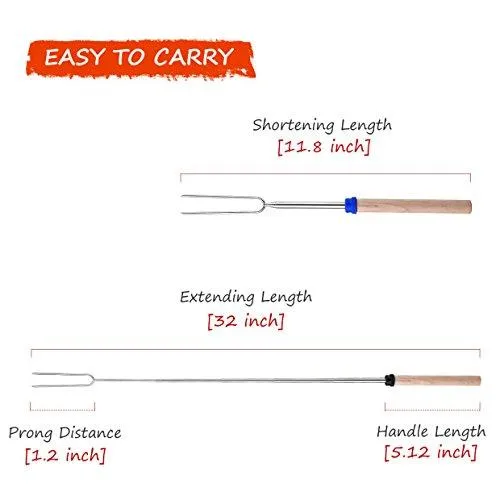 Homitt Marshmallow Roasting Sticks, Set of 10 Barbeque BBQ Skewers, 32-inch Long Extended Smores and Hot Dog Fork with Wooden Handle for Campfire Pit.