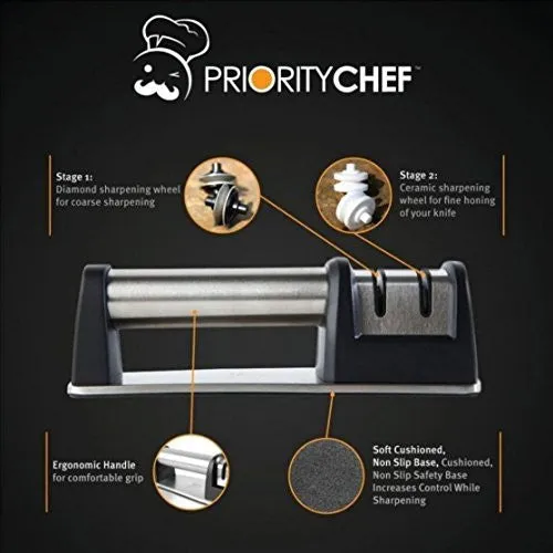 PriorityChef Knife Sharpener for Straight and Serrated Knives, 2 Stage Diamond Coated Sharpening Wheel System, Black