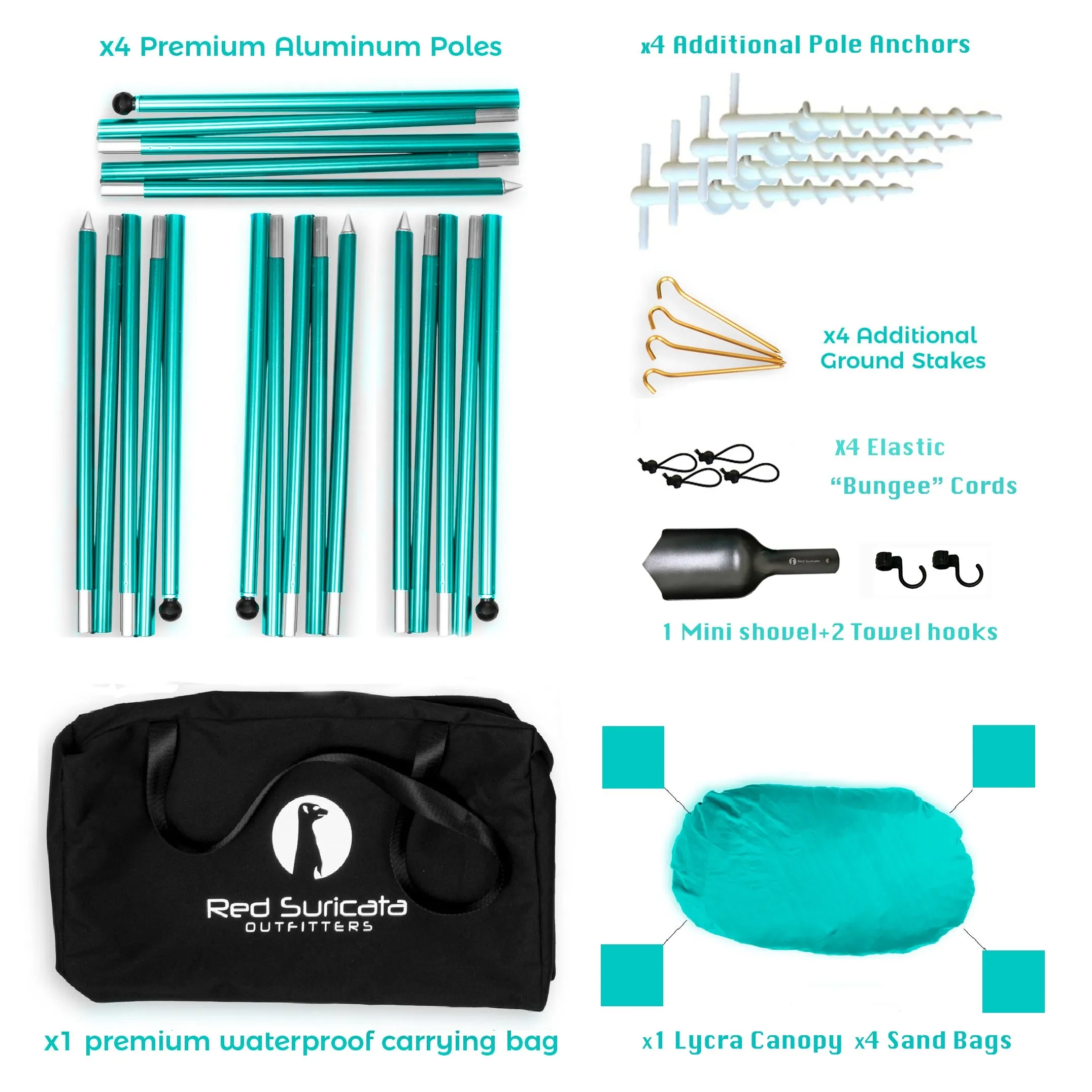 Red Suricata Turquoise Family Beach Sun Shade Canopy Tent Sunshade with sand anchors