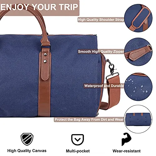 Seyfocnia Carry On Garment Bag, Mens Garment Bag for Travel Business, Large Canvas Duffel Bag with Shoe Compartment -Blue