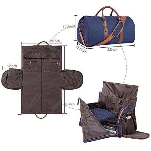 Seyfocnia Carry On Garment Bag, Mens Garment Bag for Travel Business, Large Canvas Duffel Bag with Shoe Compartment -Blue