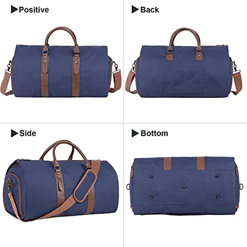 Seyfocnia Carry On Garment Bag, Mens Garment Bag for Travel Business, Large Canvas Duffel Bag with Shoe Compartment -Blue