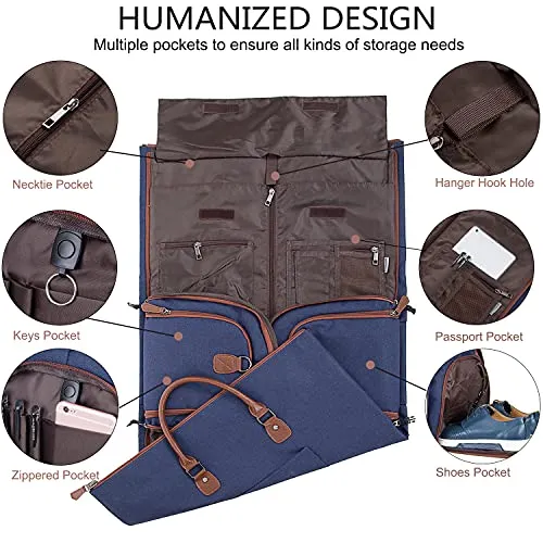 Seyfocnia Carry On Garment Bag, Mens Garment Bag for Travel Business, Large Canvas Duffel Bag with Shoe Compartment -Blue