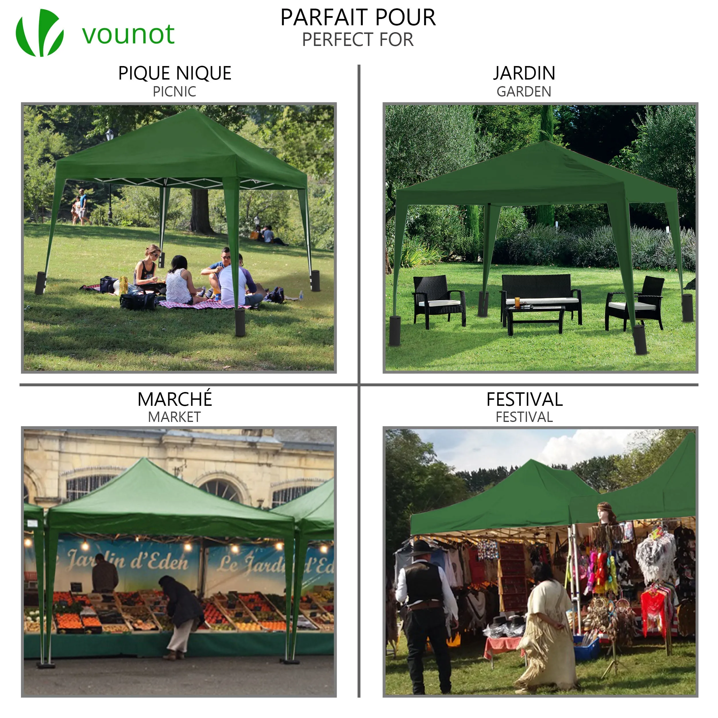 VOUNOT 3x3m Pop Up Gazebo with 4 Leg Weight Bags, Folding Party Tent for Garden Outdoor, Green