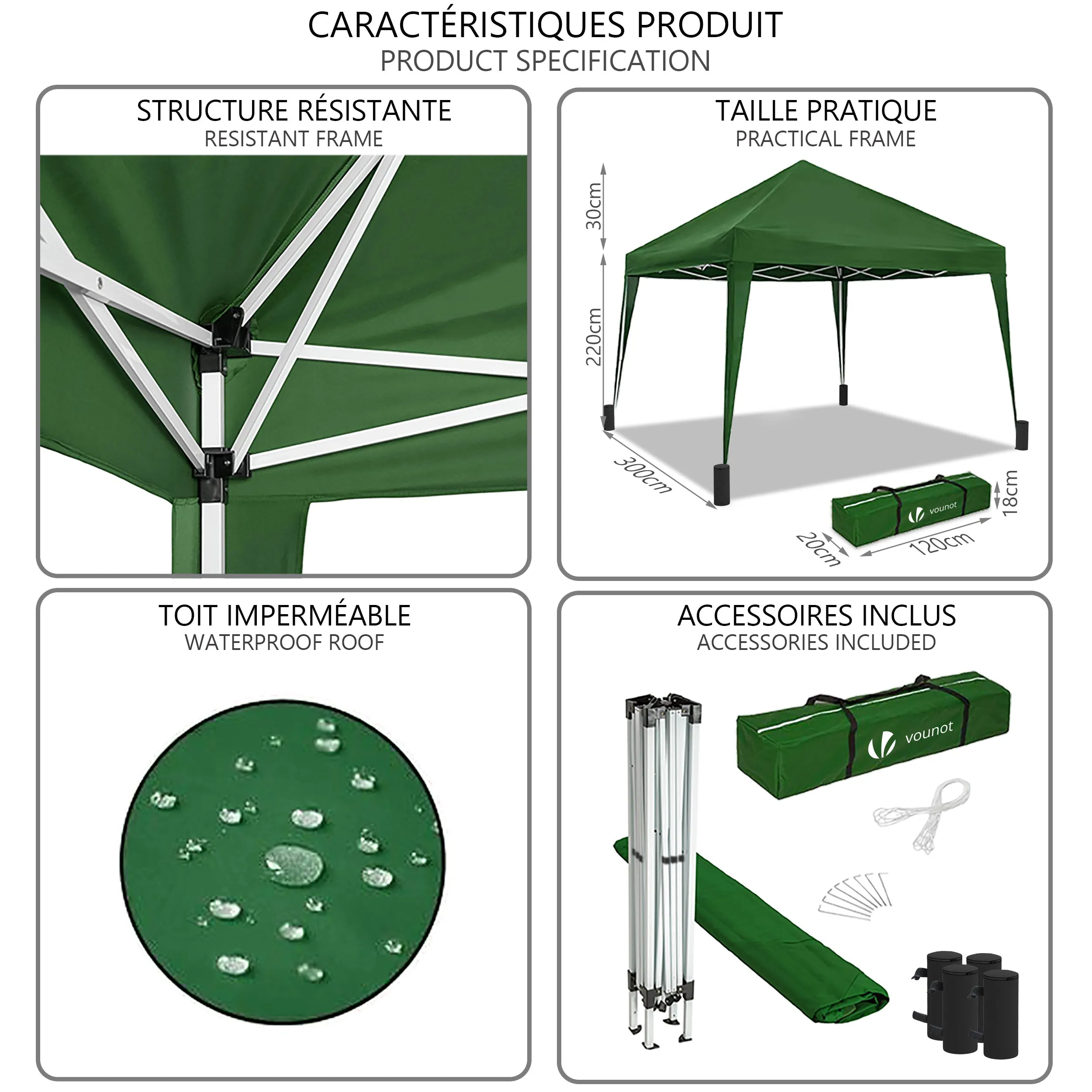 VOUNOT 3x3m Pop Up Gazebo with 4 Leg Weight Bags, Folding Party Tent for Garden Outdoor, Green