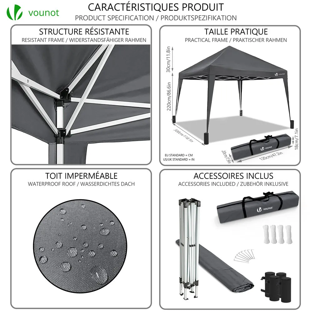 VOUNOT 3x3m Pop Up Gazebo with 4 Leg Weight Bags, Folding Party Tent for Garden Outdoor, Grey